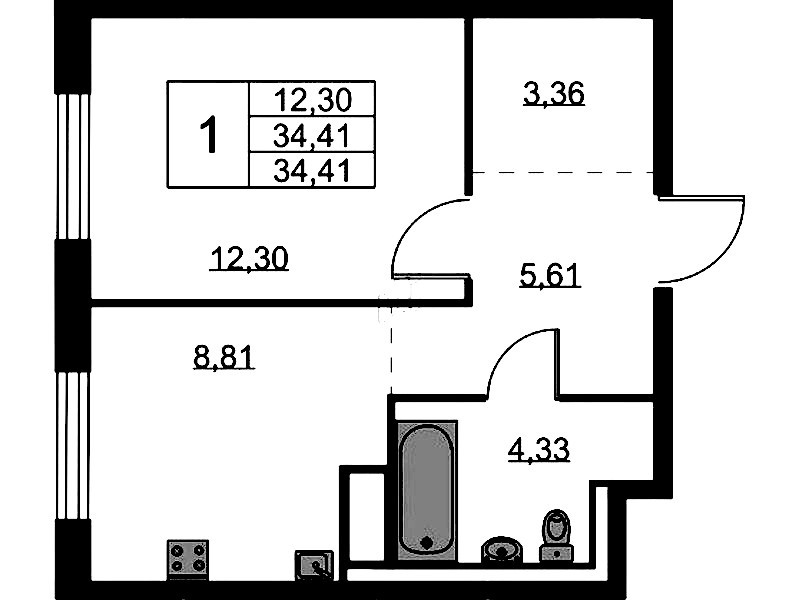 1-комнатная квартира 34.41 м², 9/9 эт., ЖК «Квартал Лаголово»